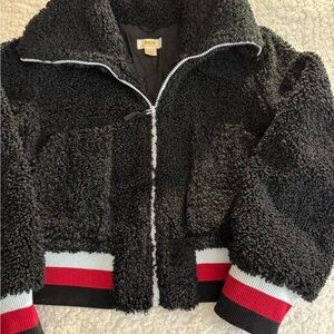 Maeve women’s Black Sherpa Letterman full zipper Collared Cropped Bomber Jacket